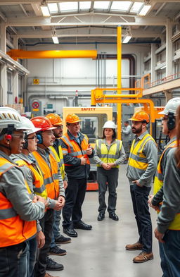 A diverse group of workers in a modern factory setting, wearing personal protective equipment (PPE) such as helmets, goggles, and ear protection, demonstrating safe work practices