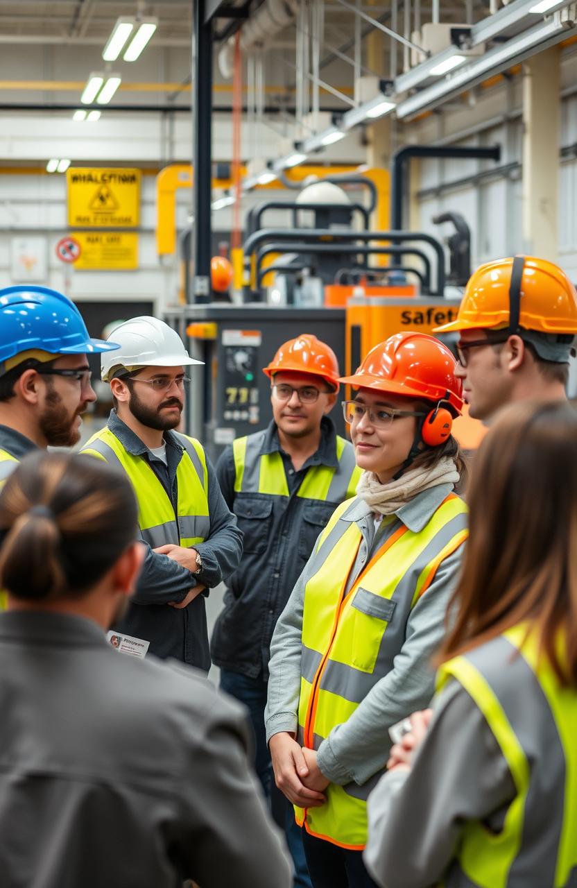 A diverse group of workers in a modern factory setting, wearing personal protective equipment (PPE) such as helmets, goggles, and ear protection, demonstrating safe work practices