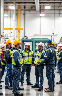 A diverse group of workers in a modern factory setting, wearing personal protective equipment (PPE) such as helmets, goggles, and ear protection, demonstrating safe work practices