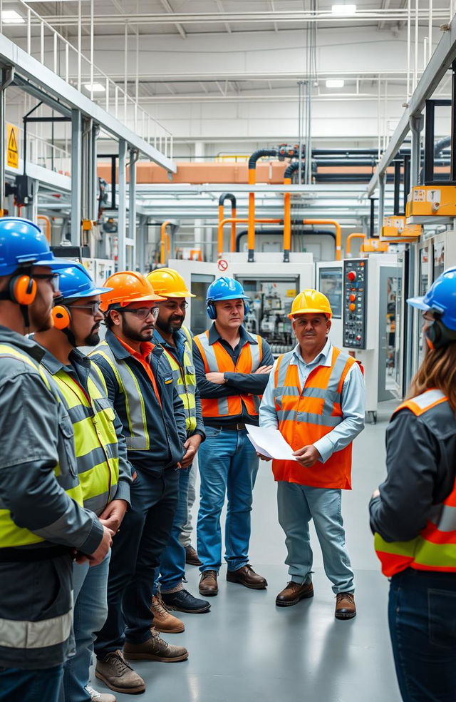 A diverse group of workers in a modern factory setting, wearing personal protective equipment (PPE) such as helmets, goggles, and ear protection, demonstrating safe work practices