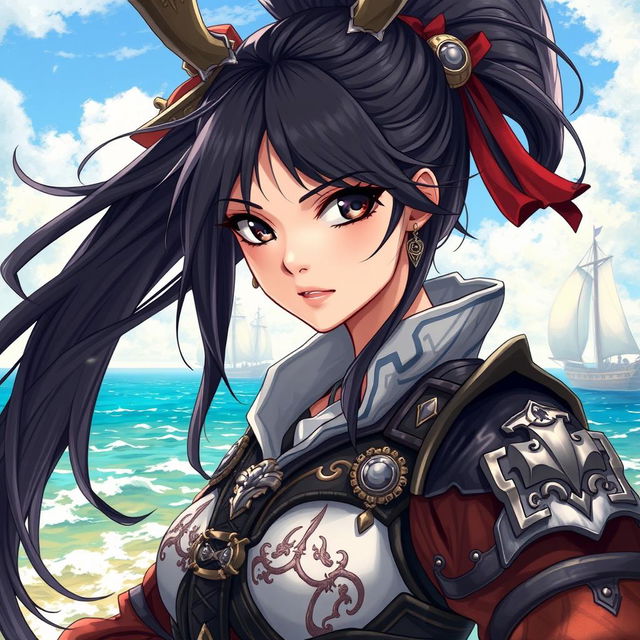 A fantasy character illustration of a woman who is a 24-year-old Japanese pirate-samurai