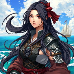 A fantasy character illustration of a woman who is a 24-year-old Japanese pirate-samurai