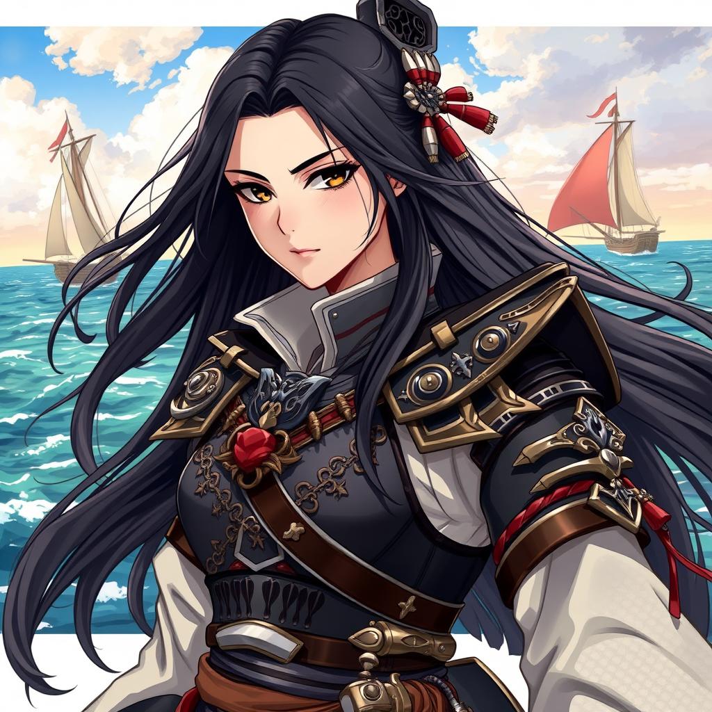 A fantasy character illustration of a woman who is a 24-year-old Japanese pirate-samurai