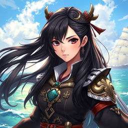 A fantasy character illustration of a woman who is a 24-year-old Japanese pirate-samurai
