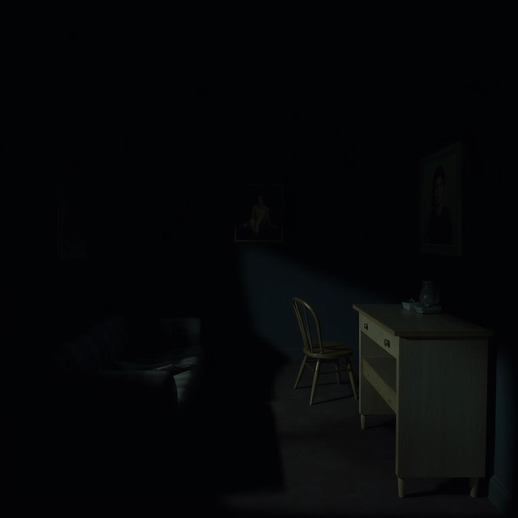 A dark and dimly lit small room, sparsely furnished, reflecting a bleak and oppressive atmosphere