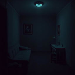 A dark and dimly lit small room, sparsely furnished, reflecting a bleak and oppressive atmosphere