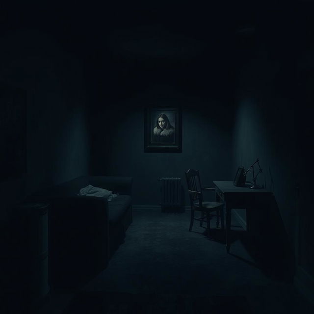 A dark and dimly lit small room, sparsely furnished, reflecting a bleak and oppressive atmosphere