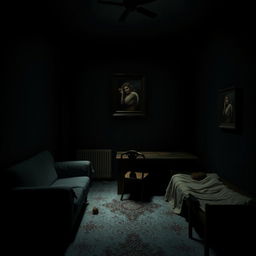 A dark and dimly lit small room, sparsely furnished, reflecting a bleak and oppressive atmosphere