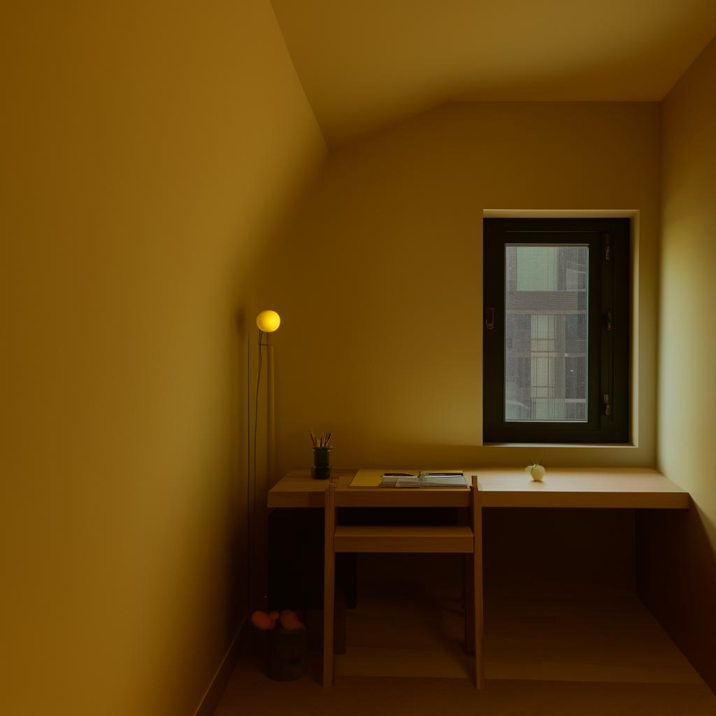 A cozy, simple and modern 3x4 room, beautifully comforting with dim yellow lighting. Features include a yellow wooden desk, a black drawer, a single bed, and a window on the right side.