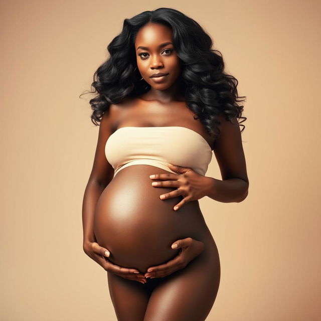 A beautiful black pregnant woman standing confidently, showcasing her natural curves
