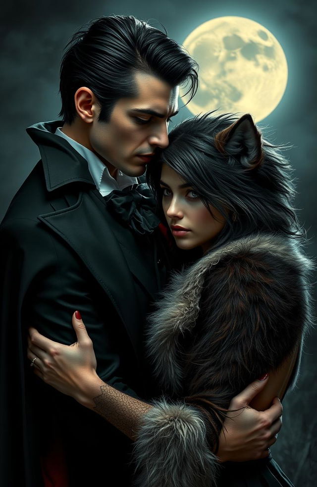 A captivating scene depicting a male vampire with sharp fangs and slicked-back dark hair, wearing an elegant, dark cape and Victorian-inspired clothing, embracing a young female werewolf