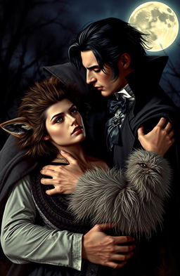 A captivating scene depicting a male vampire with sharp fangs and slicked-back dark hair, wearing an elegant, dark cape and Victorian-inspired clothing, embracing a young female werewolf