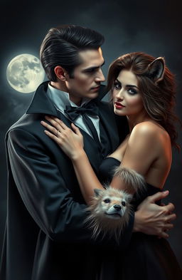 A captivating scene depicting a male vampire with sharp fangs and slicked-back dark hair, wearing an elegant, dark cape and Victorian-inspired clothing, embracing a young female werewolf