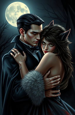 A captivating scene depicting a male vampire with sharp fangs and slicked-back dark hair, wearing an elegant, dark cape and Victorian-inspired clothing, embracing a young female werewolf