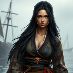 A realistic depiction of a fantasy character featuring a 24-year-old Japanese pirate-samurai woman