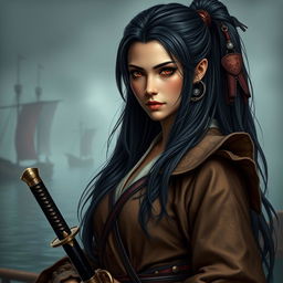 A realistic depiction of a fantasy character featuring a 24-year-old Japanese pirate-samurai woman