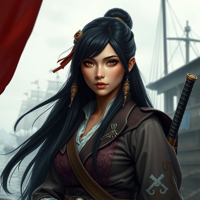 A realistic depiction of a fantasy character featuring a 24-year-old Japanese pirate-samurai woman