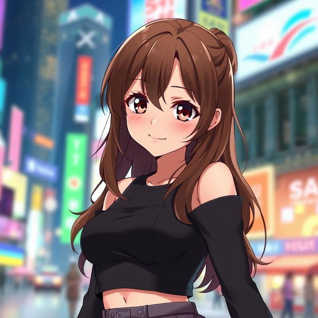 A captivating anime girl with luscious brown hair, styled in loose waves that cascade down her shoulders