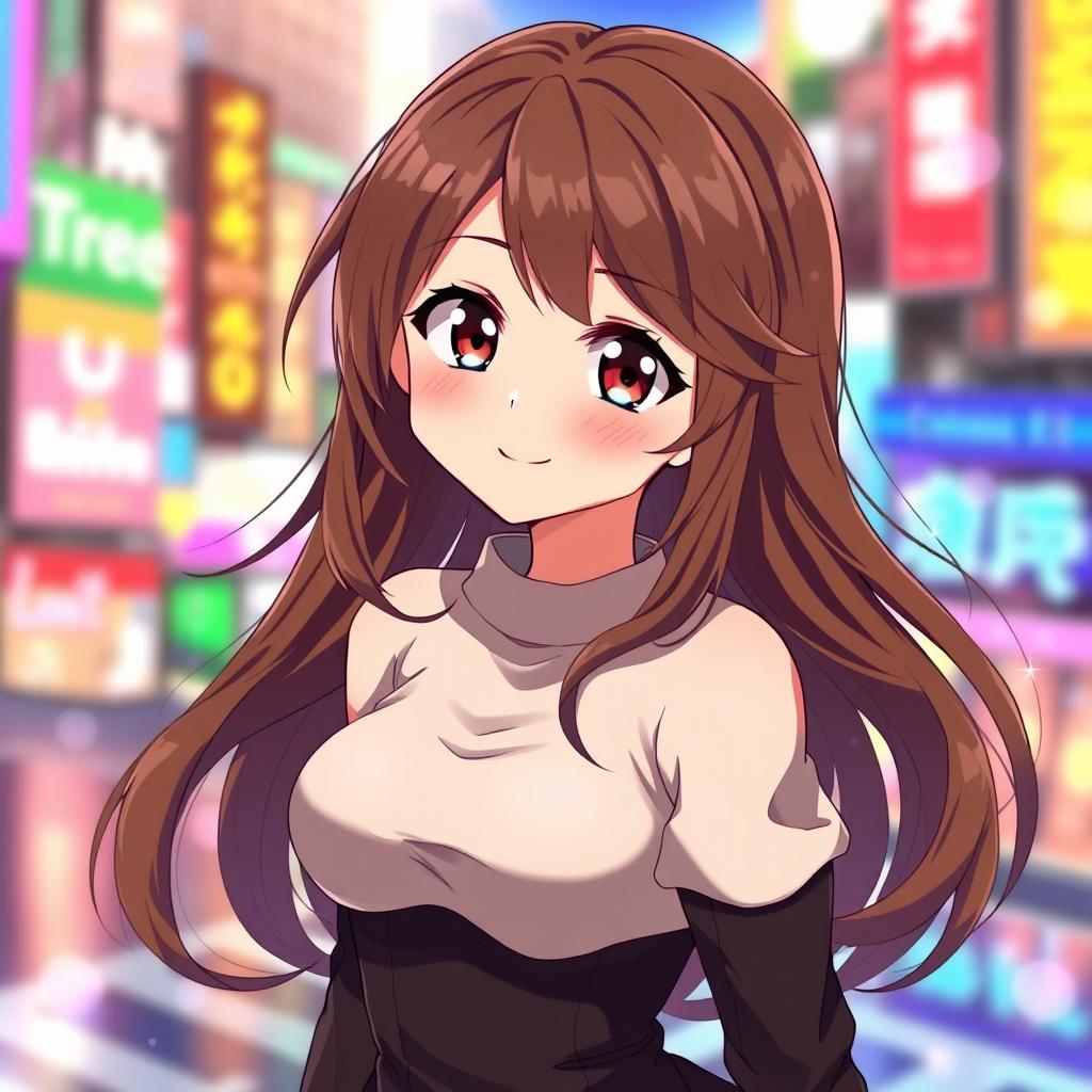 A captivating anime girl with luscious brown hair, styled in loose waves that cascade down her shoulders