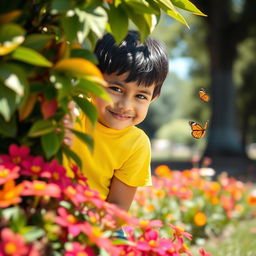 A mischievous child with a sly grin, hinting at playful scheming, peering from behind a colorful bush in a sunny park