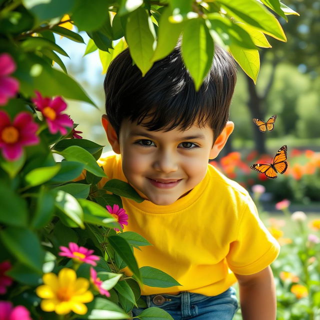 A mischievous child with a sly grin, hinting at playful scheming, peering from behind a colorful bush in a sunny park