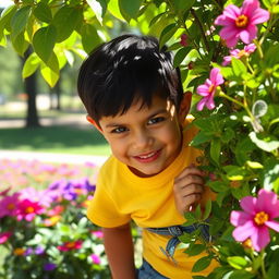 A mischievous child with a sly grin, hinting at playful scheming, peering from behind a colorful bush in a sunny park
