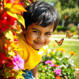 A mischievous child with a sly grin, hinting at playful scheming, peering from behind a colorful bush in a sunny park