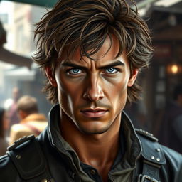 A realistic depiction of a fantasy character, featuring a 29-year-old Italian rogue-mercenary from the 17th century
