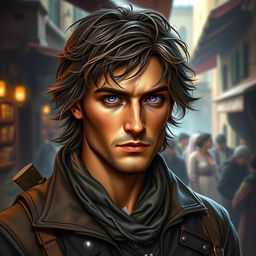 A realistic depiction of a fantasy character, featuring a 29-year-old Italian rogue-mercenary from the 17th century