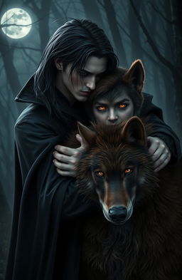 A dramatic scene showcasing a male vampire with long, dark hair and piercing red eyes, dressed in an elegant black cloak, deeply embracing a young male werewolf with shaggy brown fur and glowing amber eyes