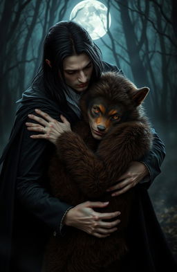 A dramatic scene showcasing a male vampire with long, dark hair and piercing red eyes, dressed in an elegant black cloak, deeply embracing a young male werewolf with shaggy brown fur and glowing amber eyes