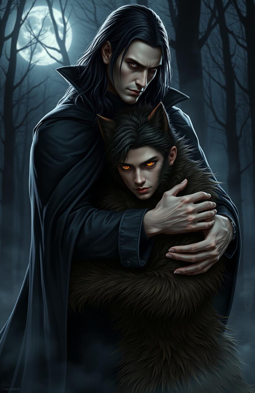 A dramatic scene showcasing a male vampire with long, dark hair and piercing red eyes, dressed in an elegant black cloak, deeply embracing a young male werewolf with shaggy brown fur and glowing amber eyes