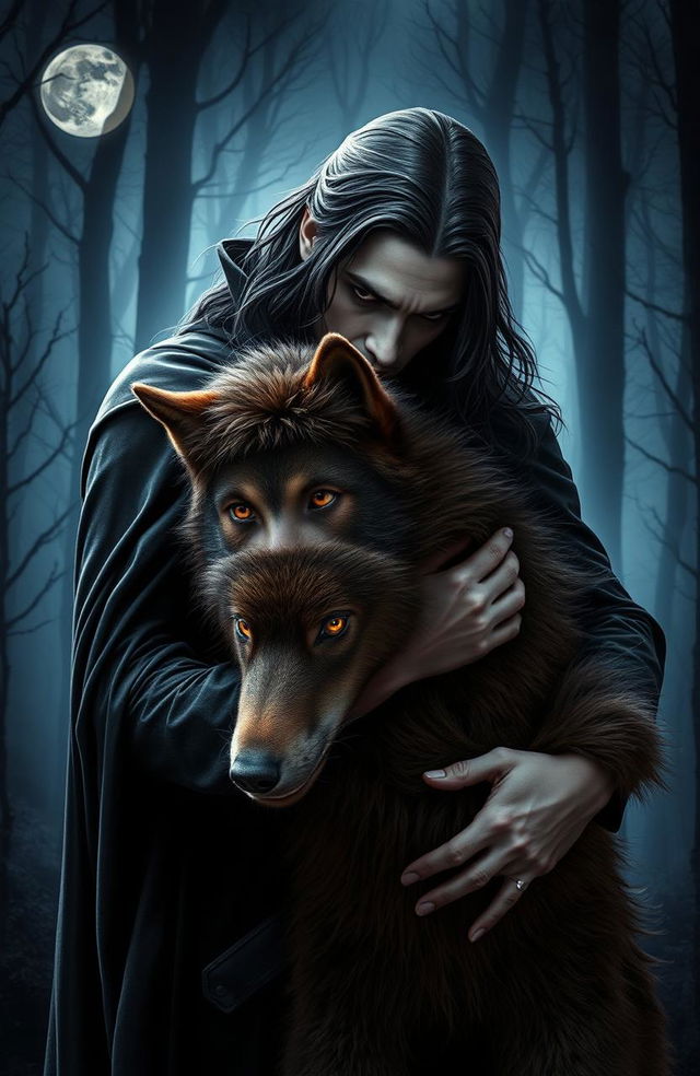 A dramatic scene showcasing a male vampire with long, dark hair and piercing red eyes, dressed in an elegant black cloak, deeply embracing a young male werewolf with shaggy brown fur and glowing amber eyes