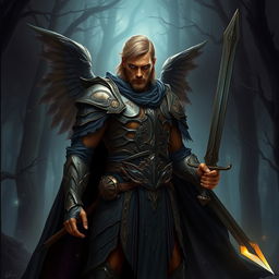 A fallen Aasimar male paladin, standing in a dramatic pose amidst a dark, mystical forest
