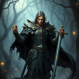 A fallen Aasimar male paladin, standing in a dramatic pose amidst a dark, mystical forest