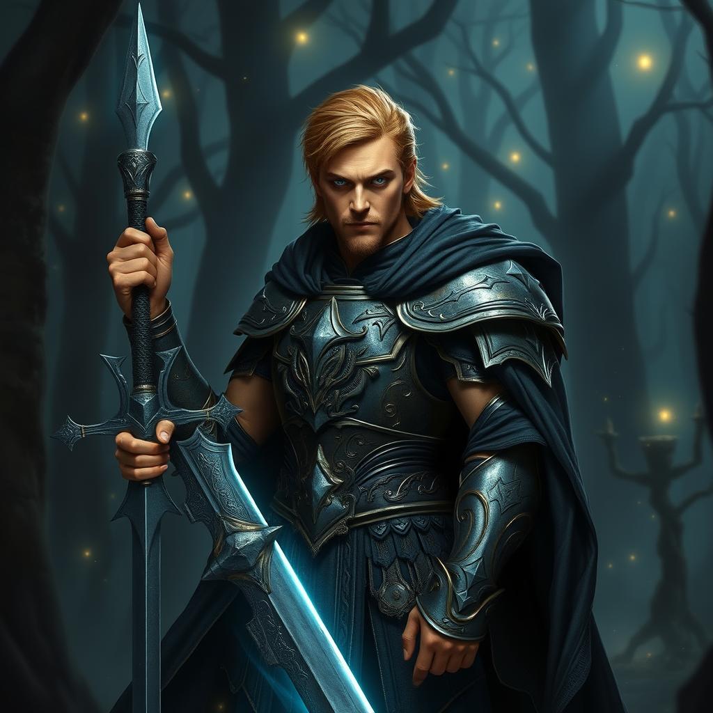 A fallen Aasimar male paladin, standing in a dramatic pose amidst a dark, mystical forest