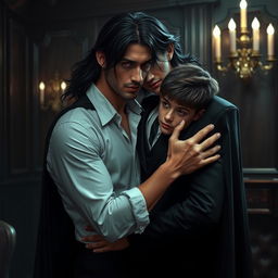 A captivating scene featuring a male vampire with long, flowing dark hair, sharp fangs, and alluring red eyes, elegantly dressed in a classic black suit with a cape, embracing a young man with an athletic build and short, tousled hair