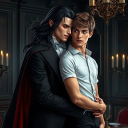 A captivating scene featuring a male vampire with long, flowing dark hair, sharp fangs, and alluring red eyes, elegantly dressed in a classic black suit with a cape, embracing a young man with an athletic build and short, tousled hair