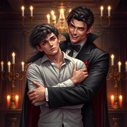 A captivating scene featuring a male vampire with long, flowing dark hair, sharp fangs, and alluring red eyes, elegantly dressed in a classic black suit with a cape, embracing a young man with an athletic build and short, tousled hair