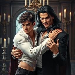 A captivating scene featuring a male vampire with long, flowing dark hair, sharp fangs, and alluring red eyes, elegantly dressed in a classic black suit with a cape, embracing a young man with an athletic build and short, tousled hair