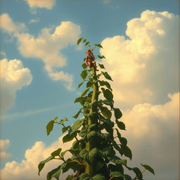 A fantastically tall bean plant reaches high into a serene sky, reminiscent of Leonardo da Vinci's painting style