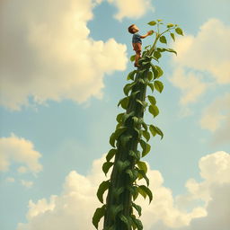 A fantastically tall bean plant reaches high into a serene sky, reminiscent of Leonardo da Vinci's painting style