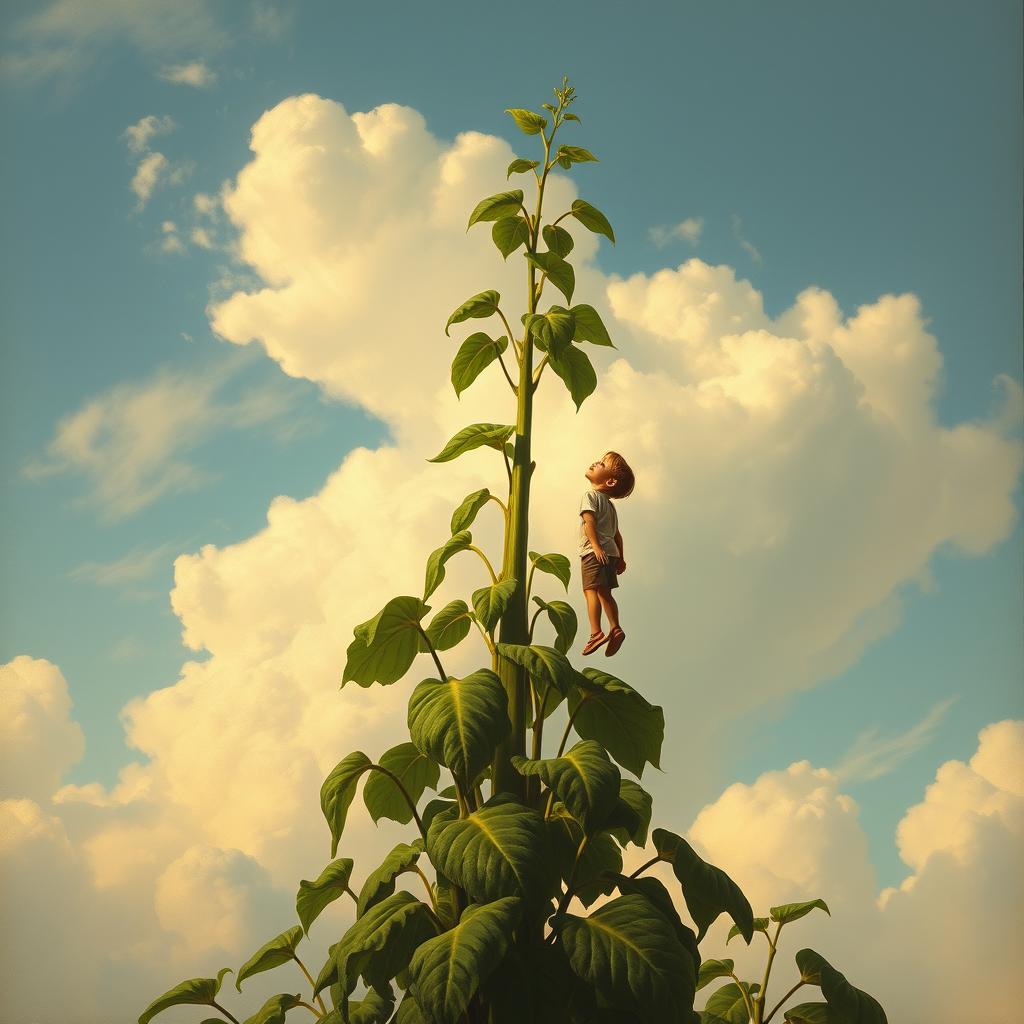 A fantastically tall bean plant reaches high into a serene sky, reminiscent of Leonardo da Vinci's painting style
