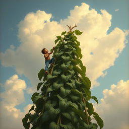 A fantastically tall bean plant reaches high into a serene sky, reminiscent of Leonardo da Vinci's painting style