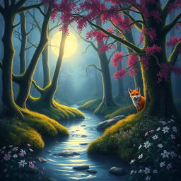 A mystical forest scene at dusk, featuring a luminous moon casting soft light through ethereal trees covered in vibrant moss