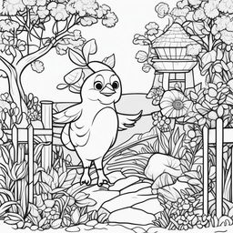 This is a series of black and white line art illustrations of whimsical Pixar-style garden animals, designed for children's coloring pages