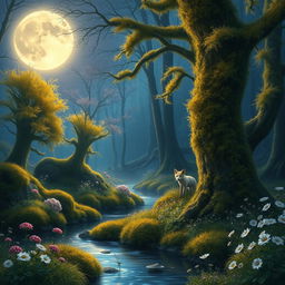 A mystical forest scene at dusk, featuring a luminous moon casting soft light through ethereal trees covered in vibrant moss