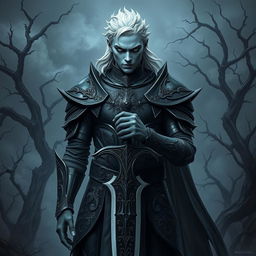 A fallen Aasimar male paladin with striking pale skin, showcasing his celestial descent, stands defiantly in a hauntingly beautiful landscape