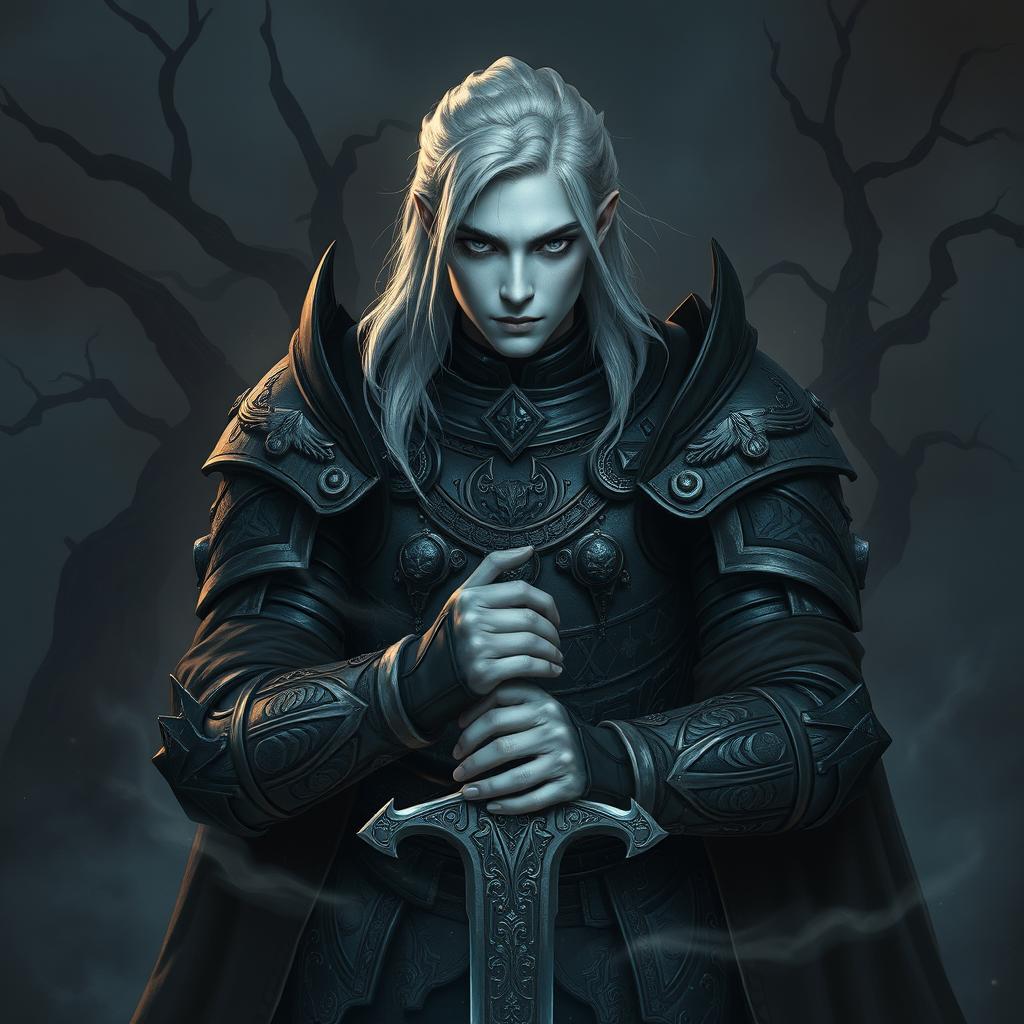 A fallen Aasimar male paladin with striking pale skin, showcasing his celestial descent, stands defiantly in a hauntingly beautiful landscape