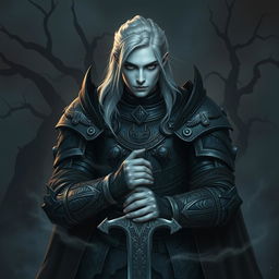 A fallen Aasimar male paladin with striking pale skin, showcasing his celestial descent, stands defiantly in a hauntingly beautiful landscape